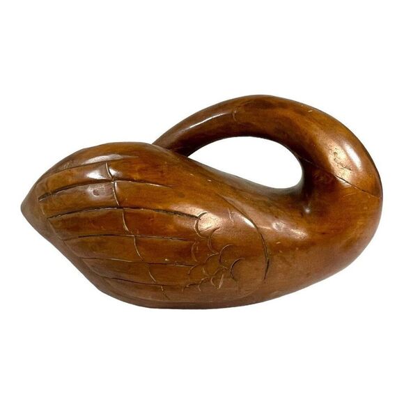 Large Vintage Midcentury Modern Wooden Swan Sculpture Goose Brass Beak 13” Wood - Picture 4 of 9